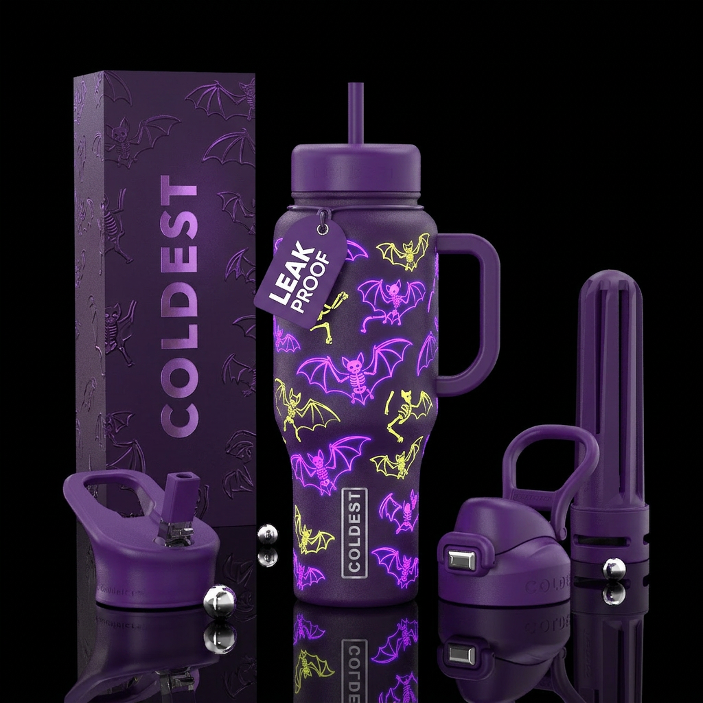 Purple cup, Glowie bats, Glowie blacks, Glowie ske... water bottle design