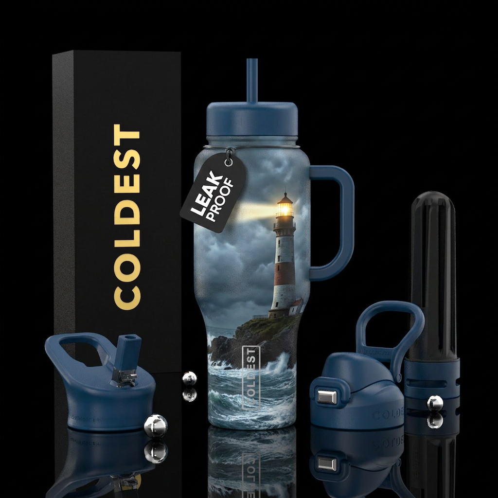 Beautiful lighthouse, stormy weather, light on the... water bottle design