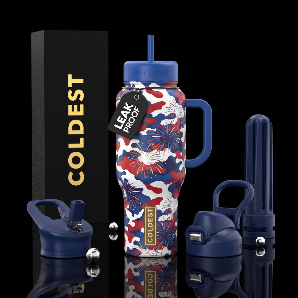 Red, white, and blue camouflage with fireworks exp... water bottle design