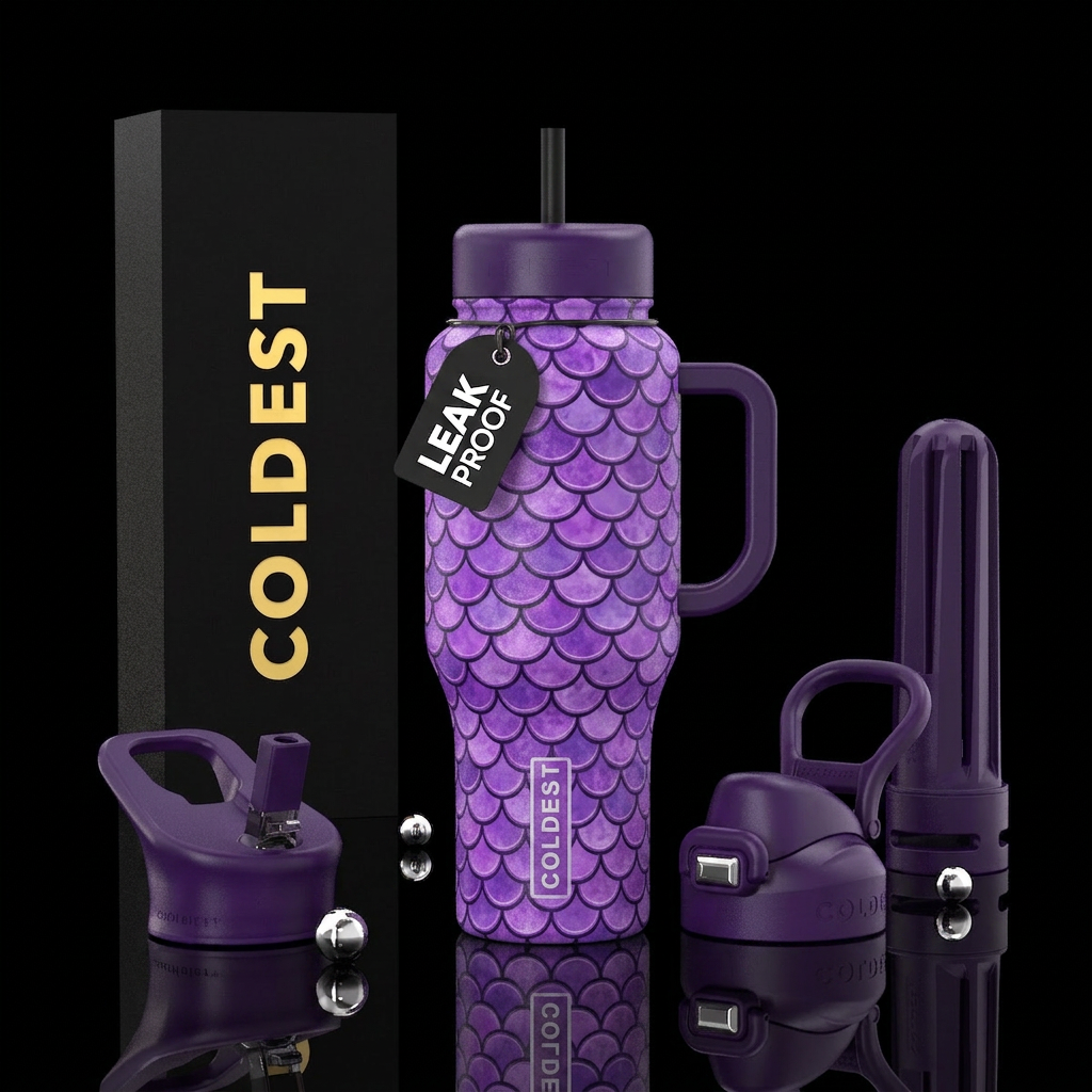 Shades of purple Mermaid Scales, outlined in dk pu... water bottle design