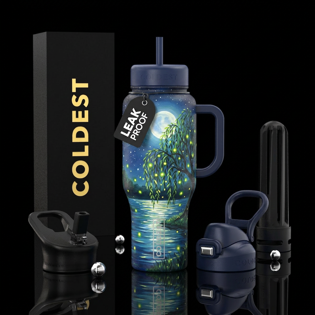 A moonlit summer night with fire flies amongst a b... water bottle design