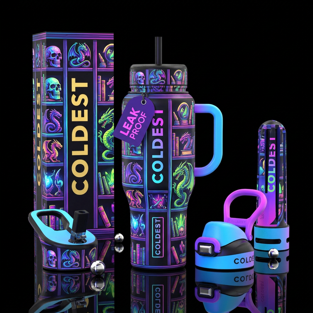 A bookshelf with skulls and dragons and in neon co... water bottle design