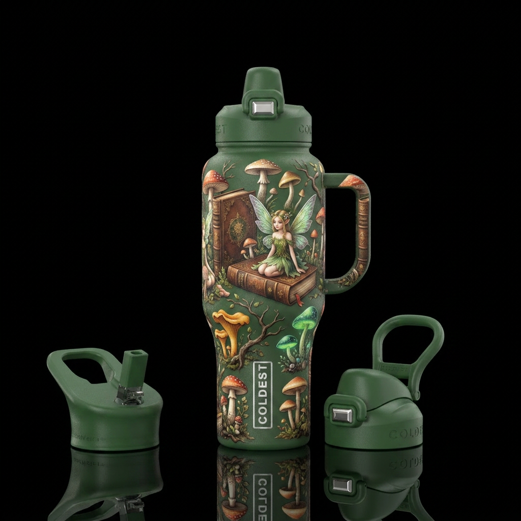 Rustic books with mushroom and fairys water bottle design