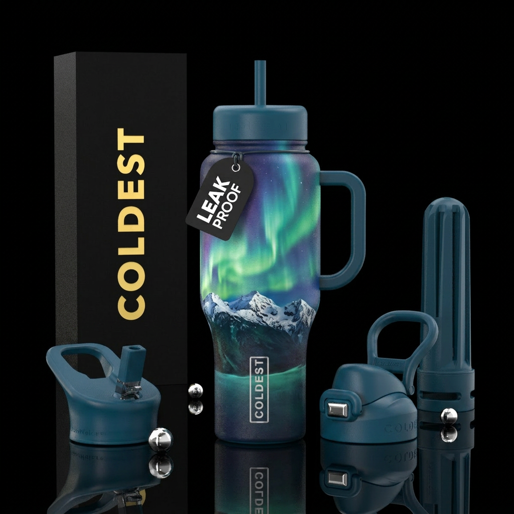 Aurora on the mountains water bottle design