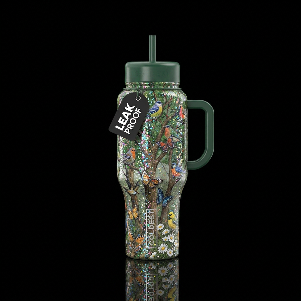 sparkly, shiny, trees, beautiul, birds,butterfly,d... water bottle design