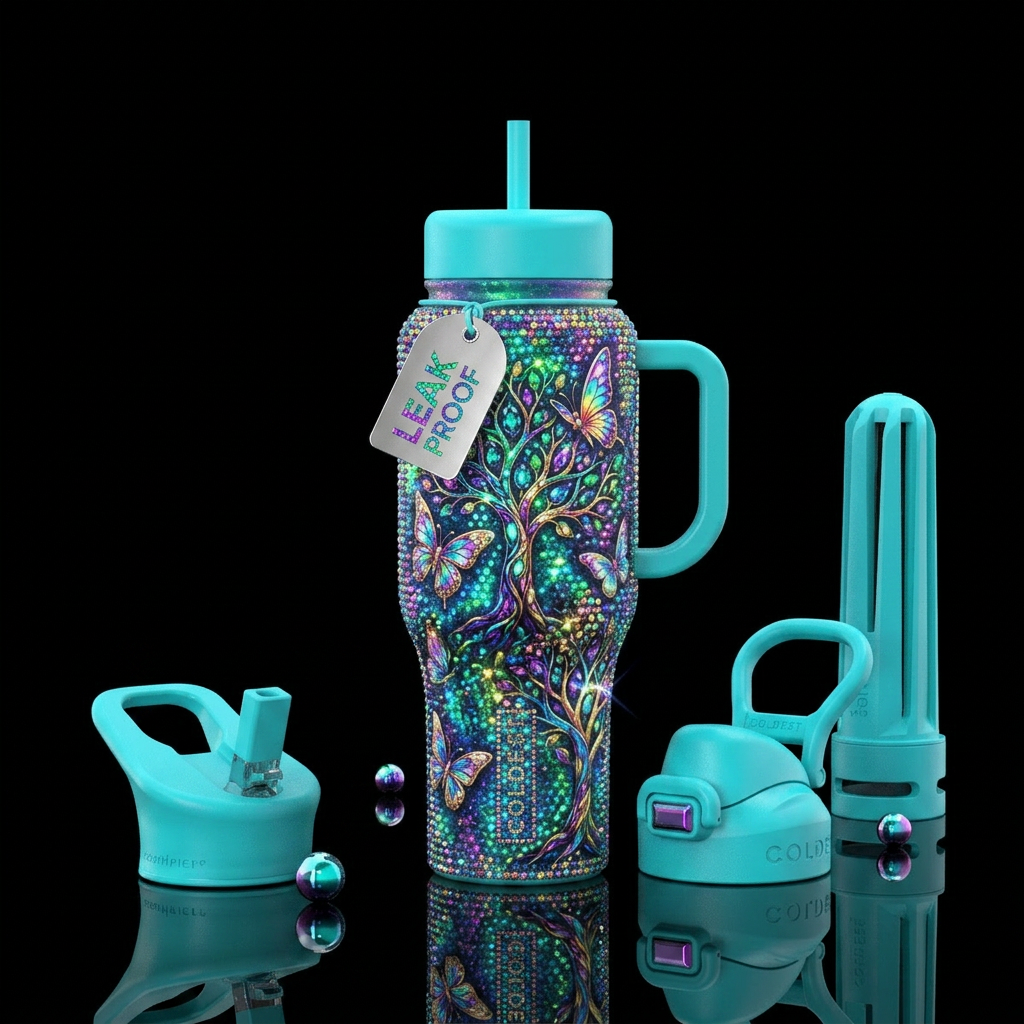 Gemni,, glowie, sparkly, shiny, trees, butterfly water bottle design