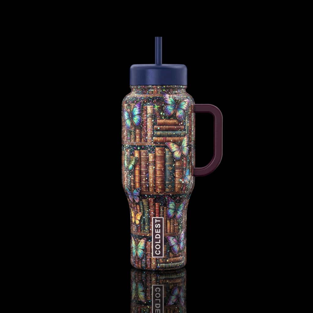 Books,butterflies,, sparkly, shiny water bottle design