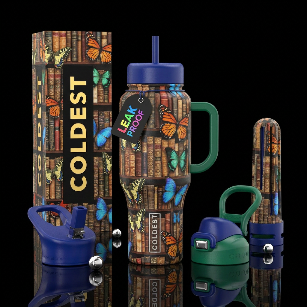 Books,butterflies, water bottle design