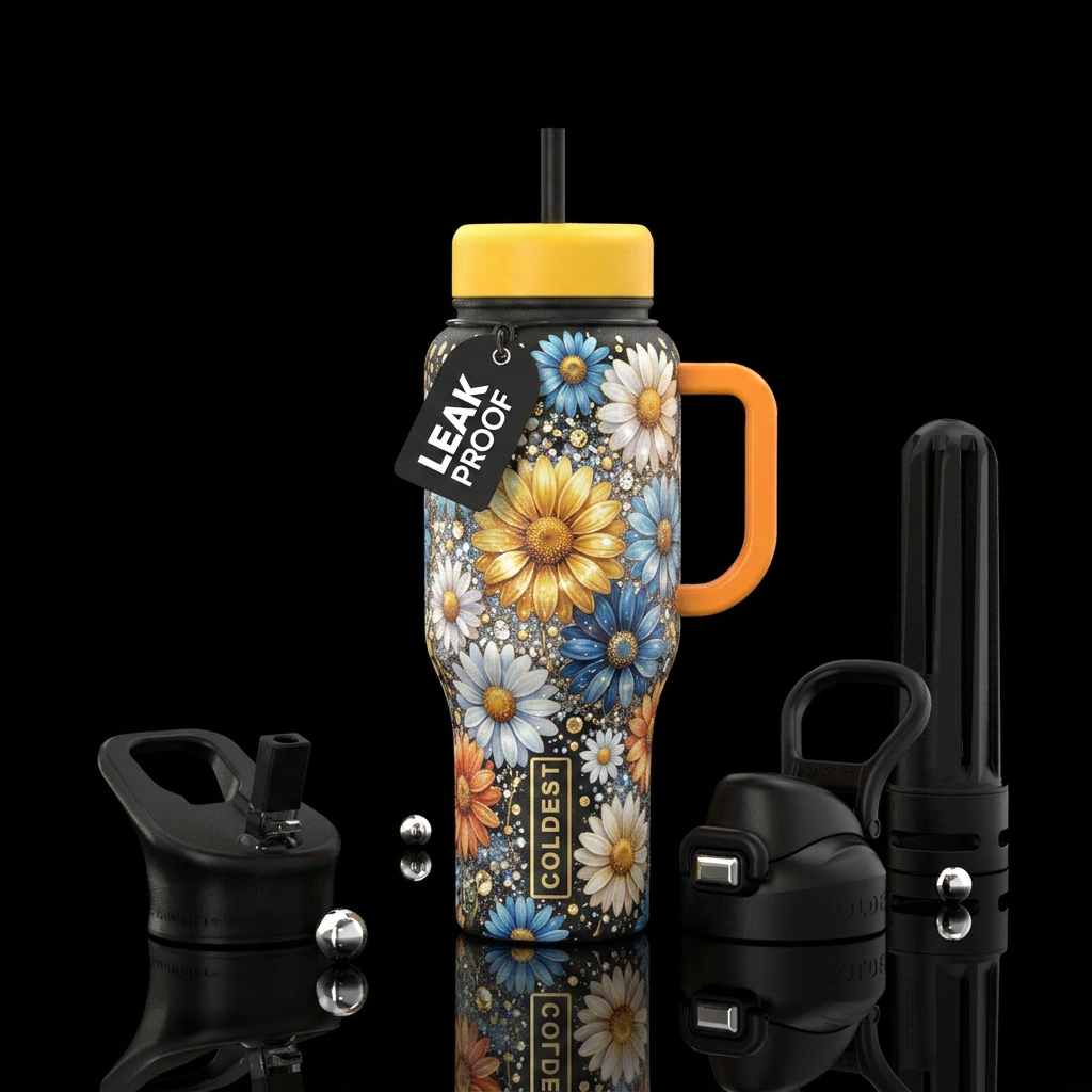 Daisies, sparkly, shiny, vibrant, artistic, luxuri... water bottle design