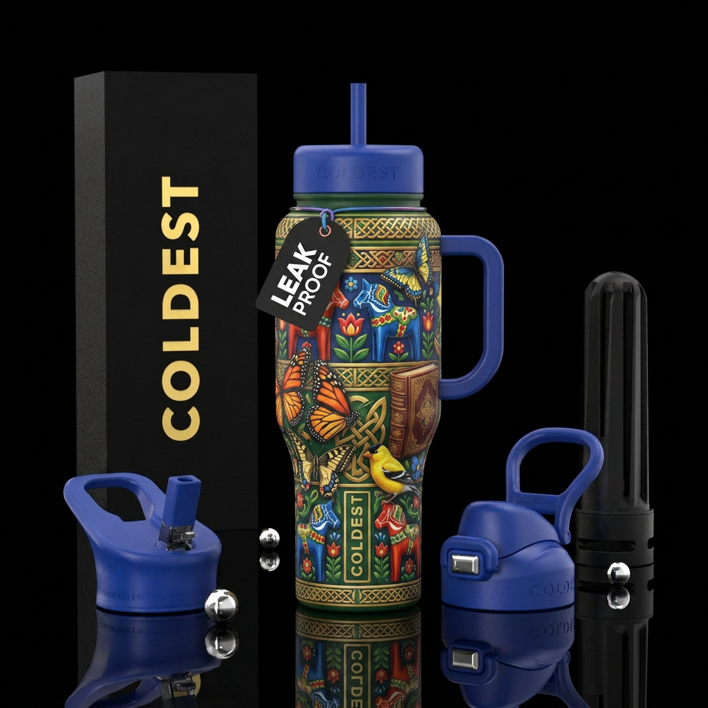 Celtic,Swedish,butterfly,goldfinch,books water bottle design