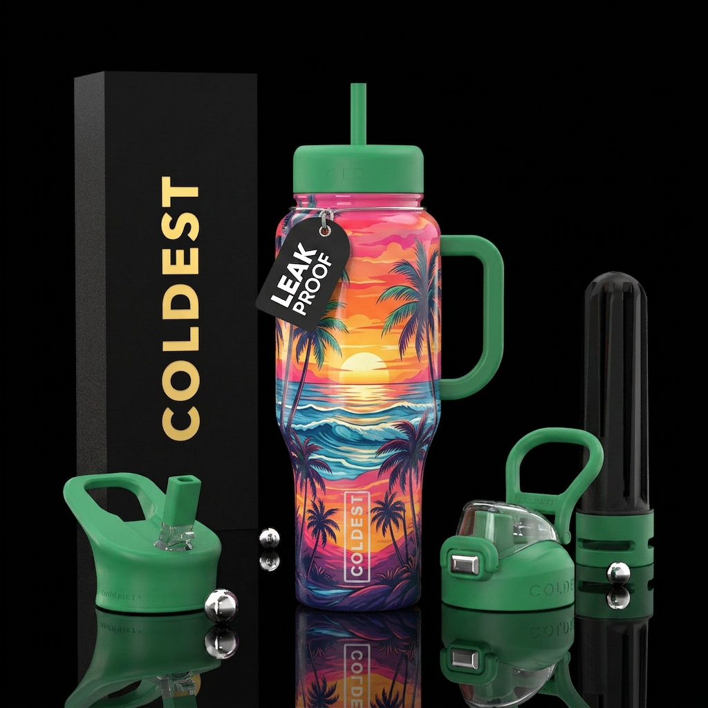 Palm trees and ocean waves with a sunset design wi... water bottle design