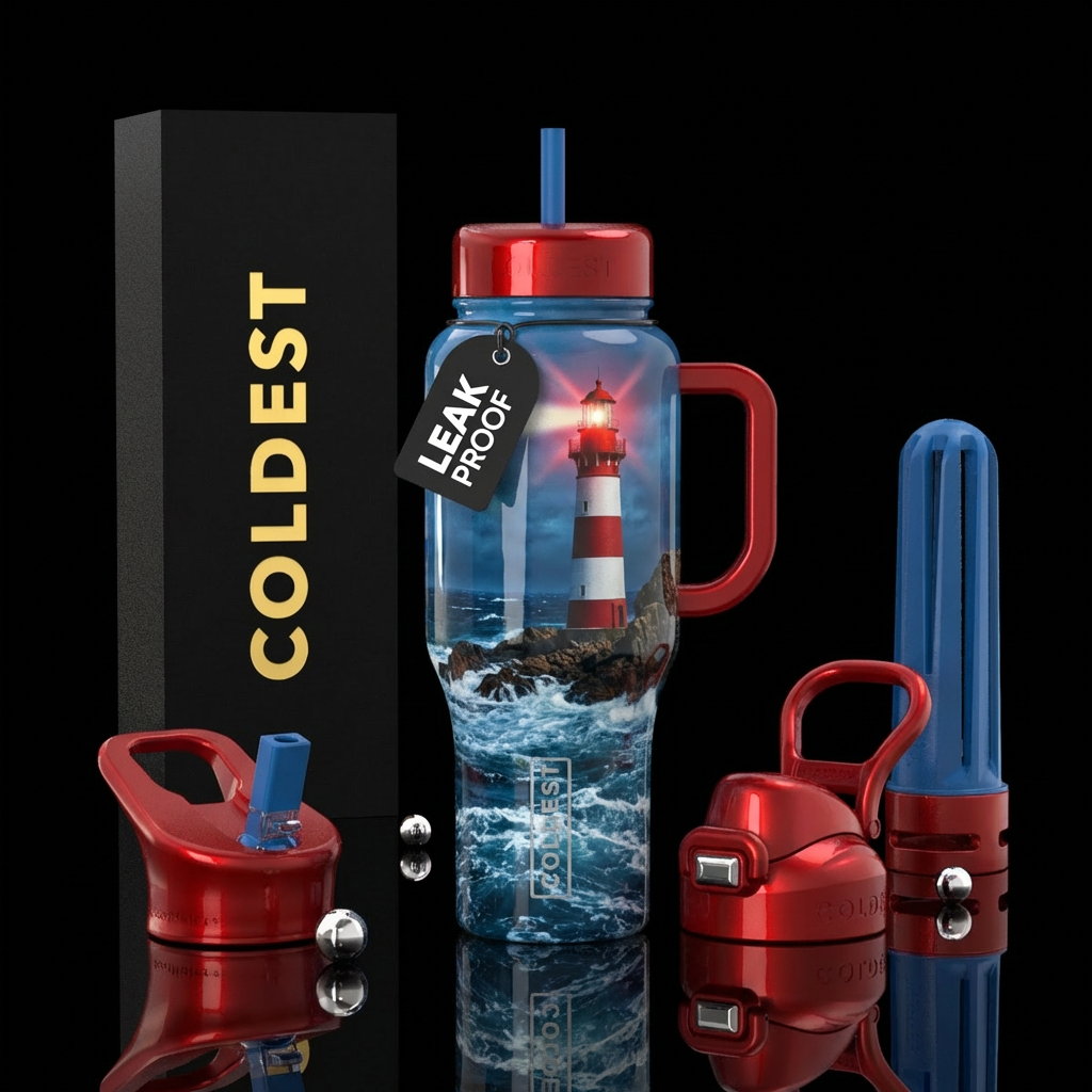 Lighthouse, red & white lights rocks raging waters... water bottle design