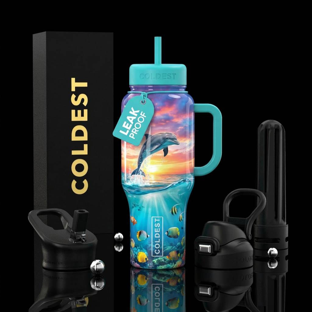 Ocean turquoise clear water dolphin jumping sunset... water bottle design