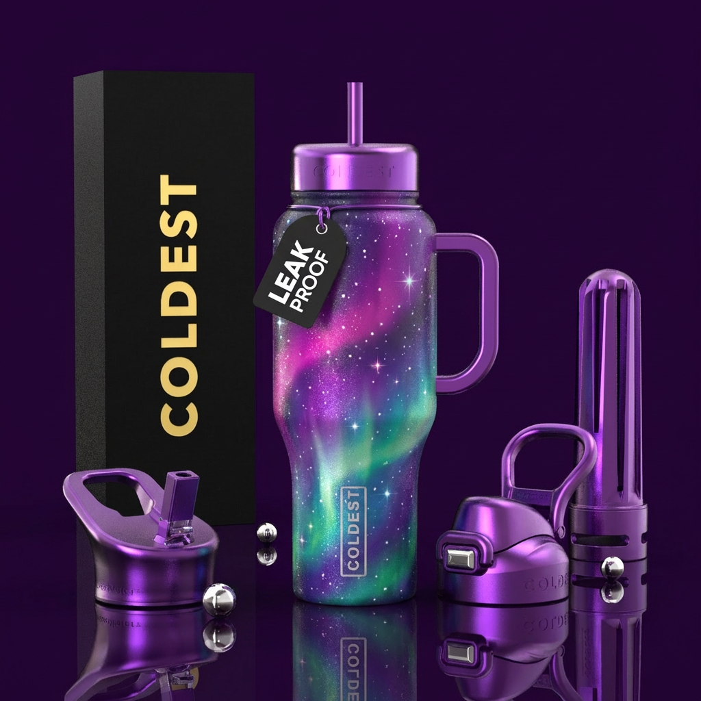 Northern lights glimmery colorful vibrant stars re... water bottle design