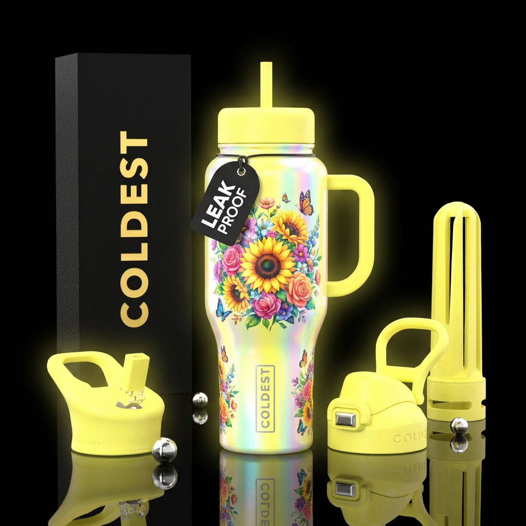 Soft bright glowing yellow, inbued, irridescent bo... water bottle design