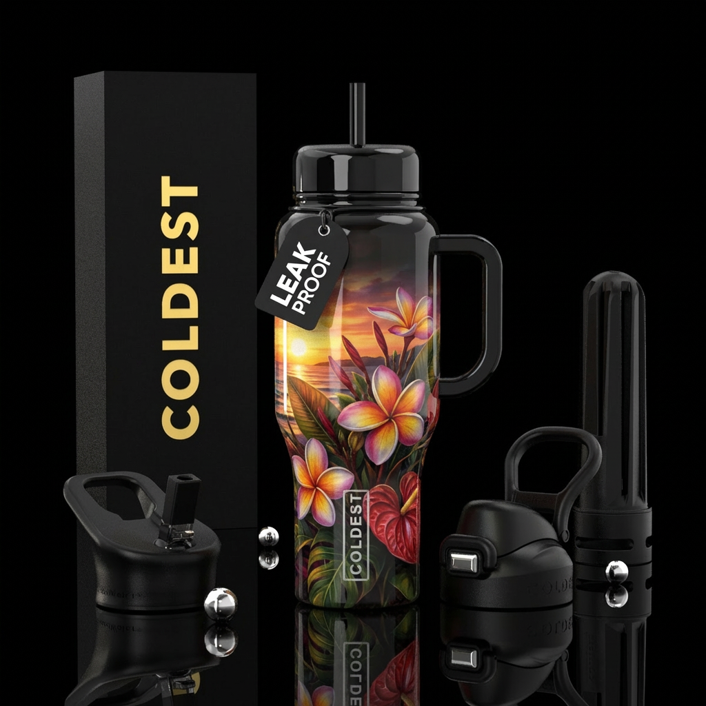 Glossy shiny black bottle plumeria & anthurium sun... water bottle design