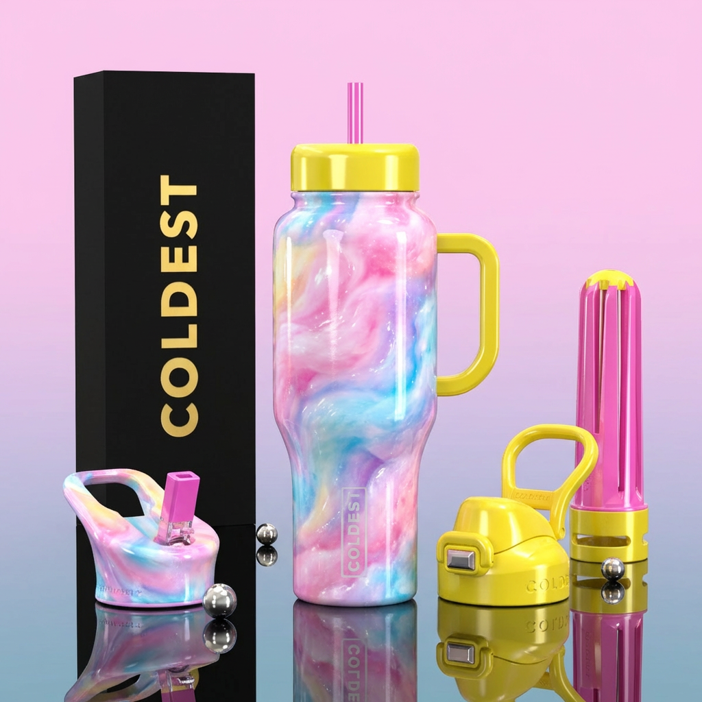 Cotton candy dreams vibrant realism colorful shiny... water bottle design