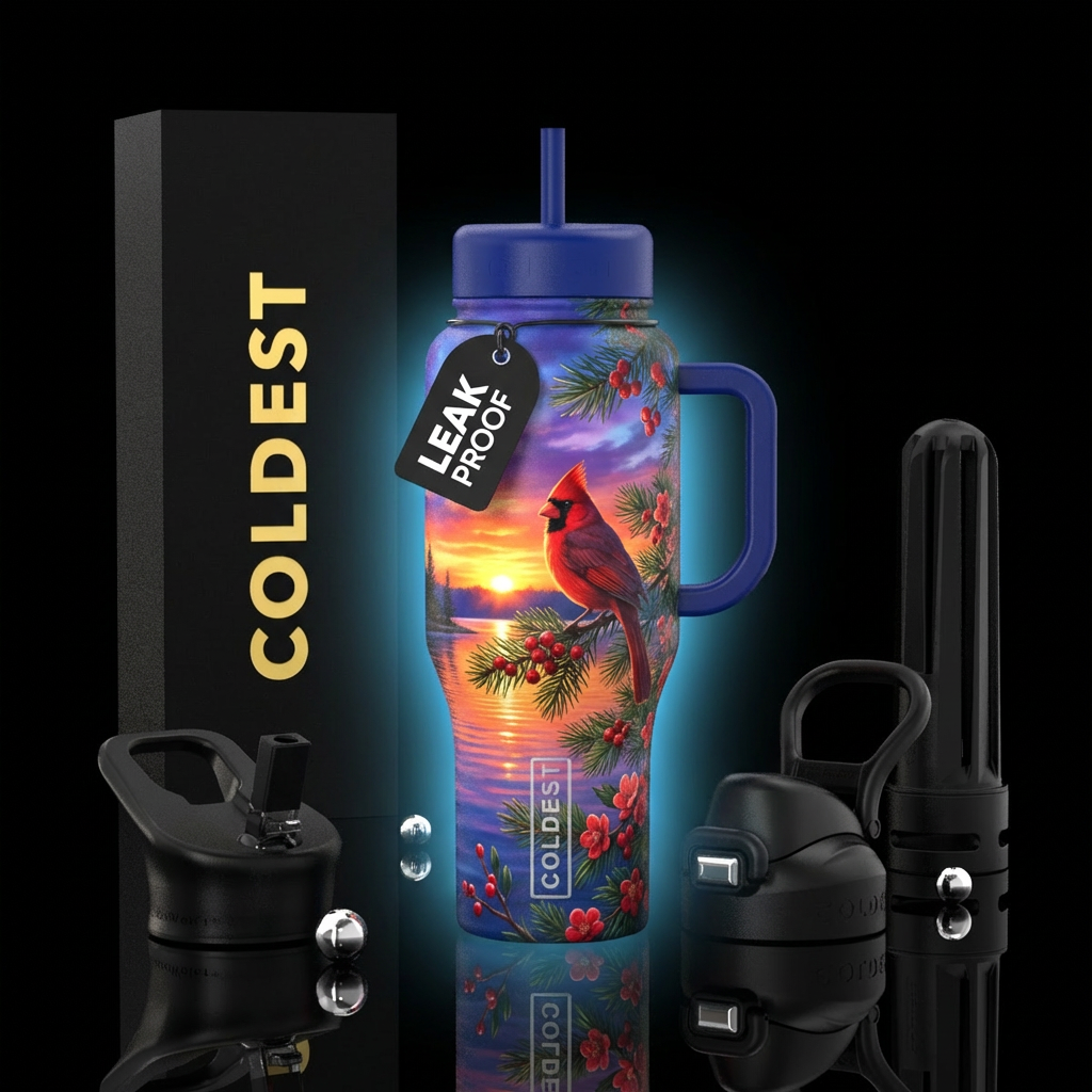 Soft blue florescent, red cardinal on a pine tree ... water bottle design