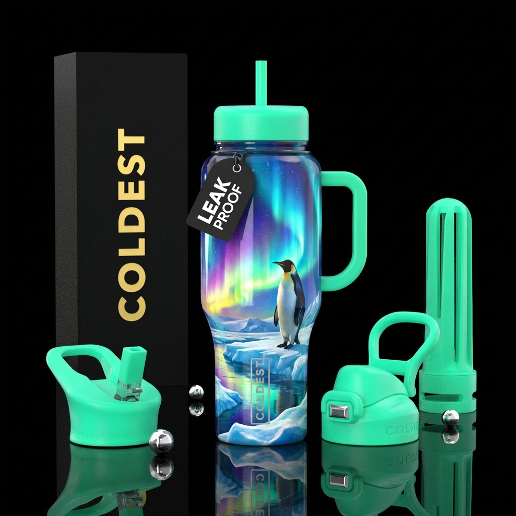 Penguin on snowy ice landscape matching all lids N... water bottle design