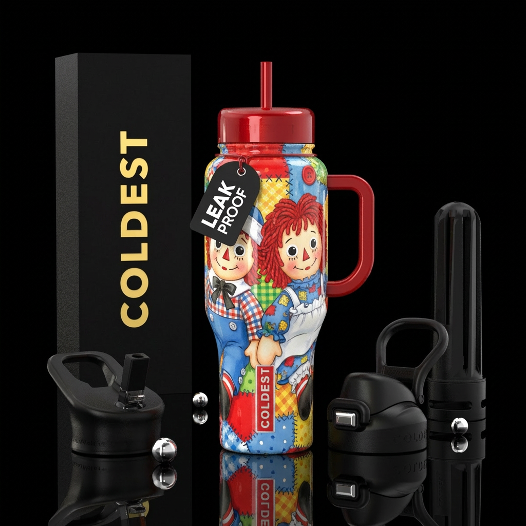 Raggedy Ann & Andy, realism,vibrant shiny water bottle design