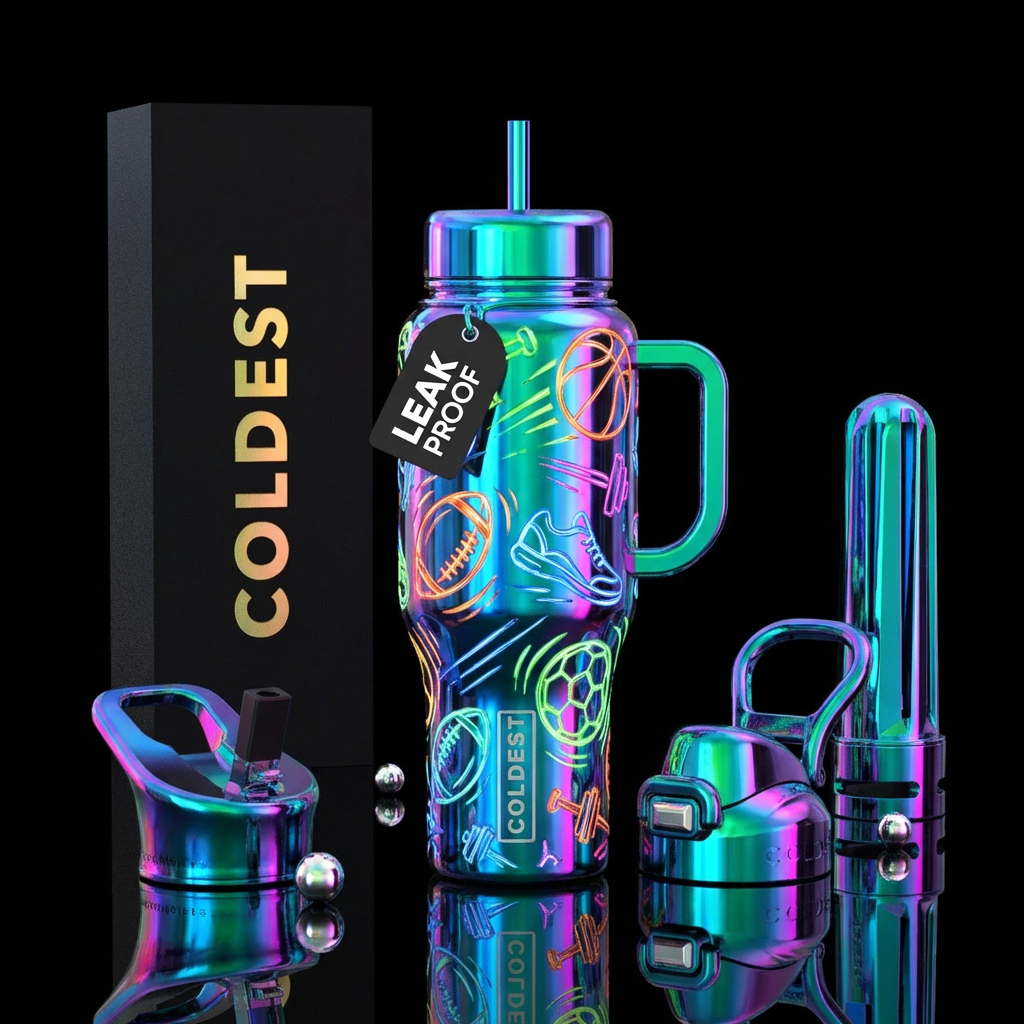 Glowie chrome,  everything sports, detailed, shiny... water bottle design