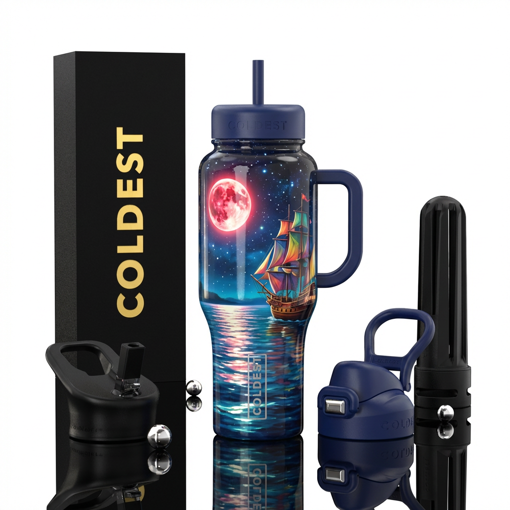 Red moon, stars ,lake, realistic, ship, colorful v... water bottle design