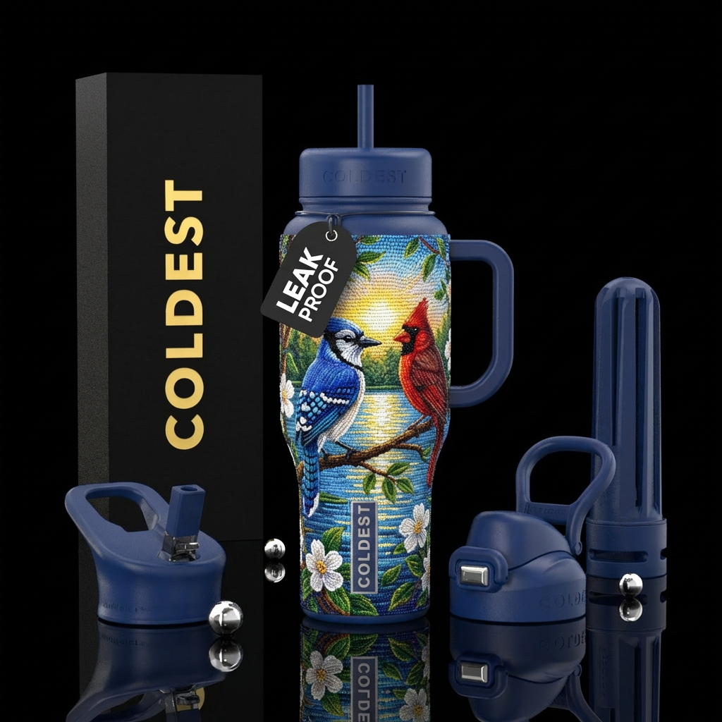 Beaded beautifuly, Blue jay & Cardinal on a branch... water bottle design