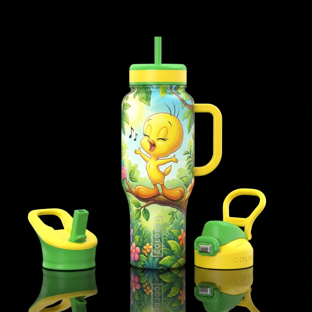 Tweety bird, outside in a tree, singing, cute, rea... water bottle design