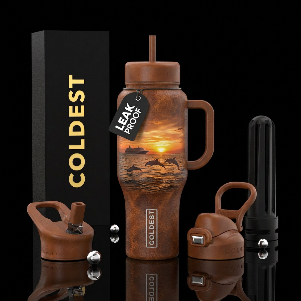 Beautiful sea, Ship far background, sunset, dolphi... water bottle design