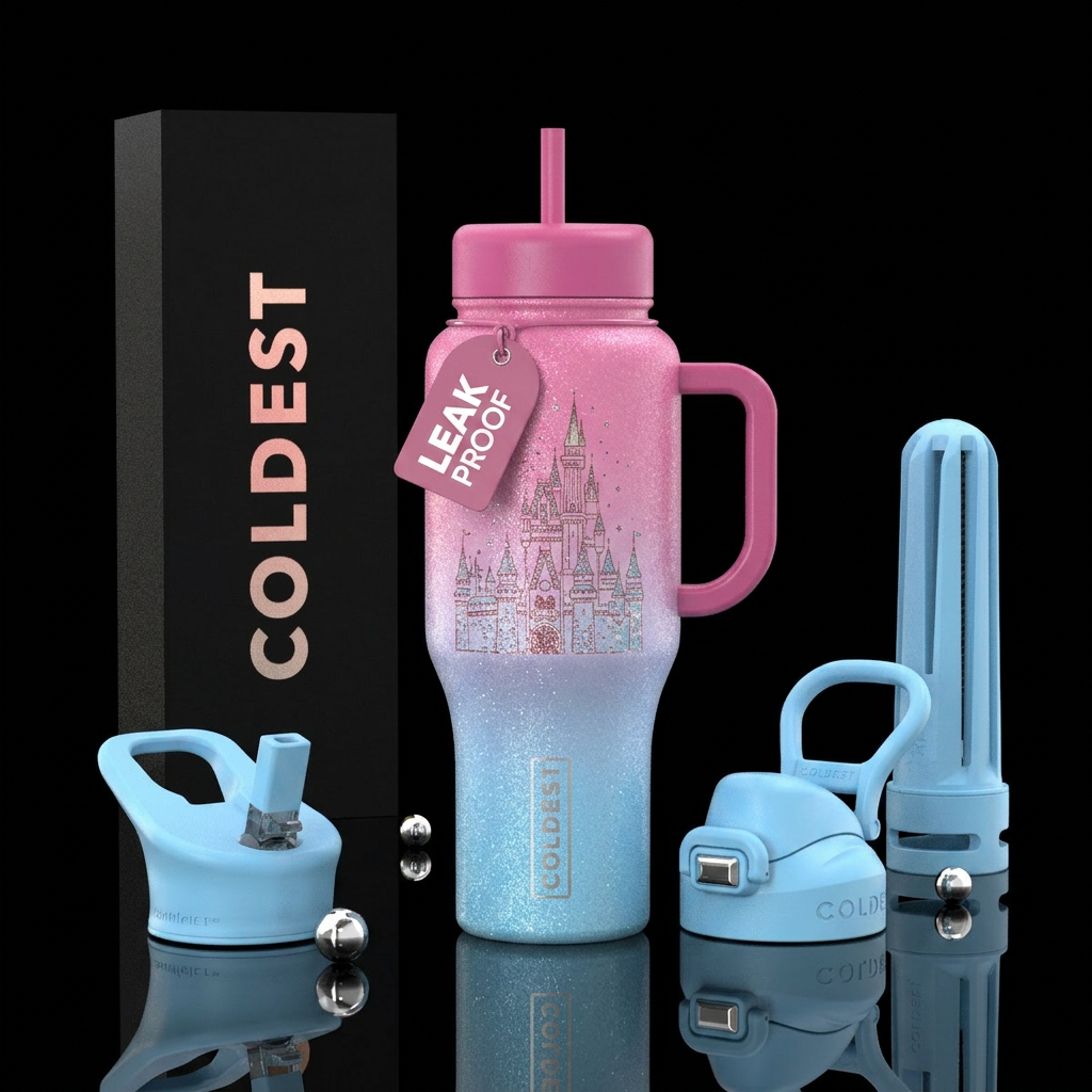 Castle, pink & light blue ombre bottle, sparkling water bottle design