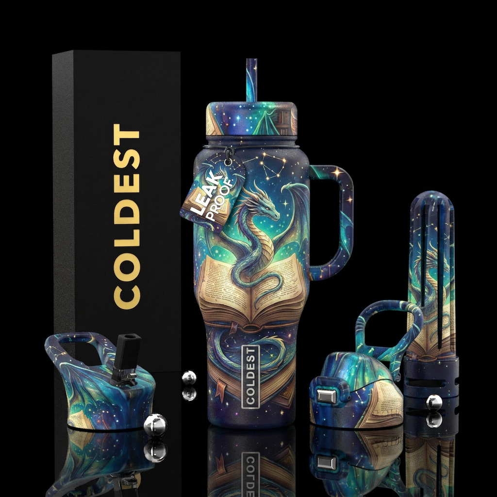 Open book, dragon, stars night light water bottle design