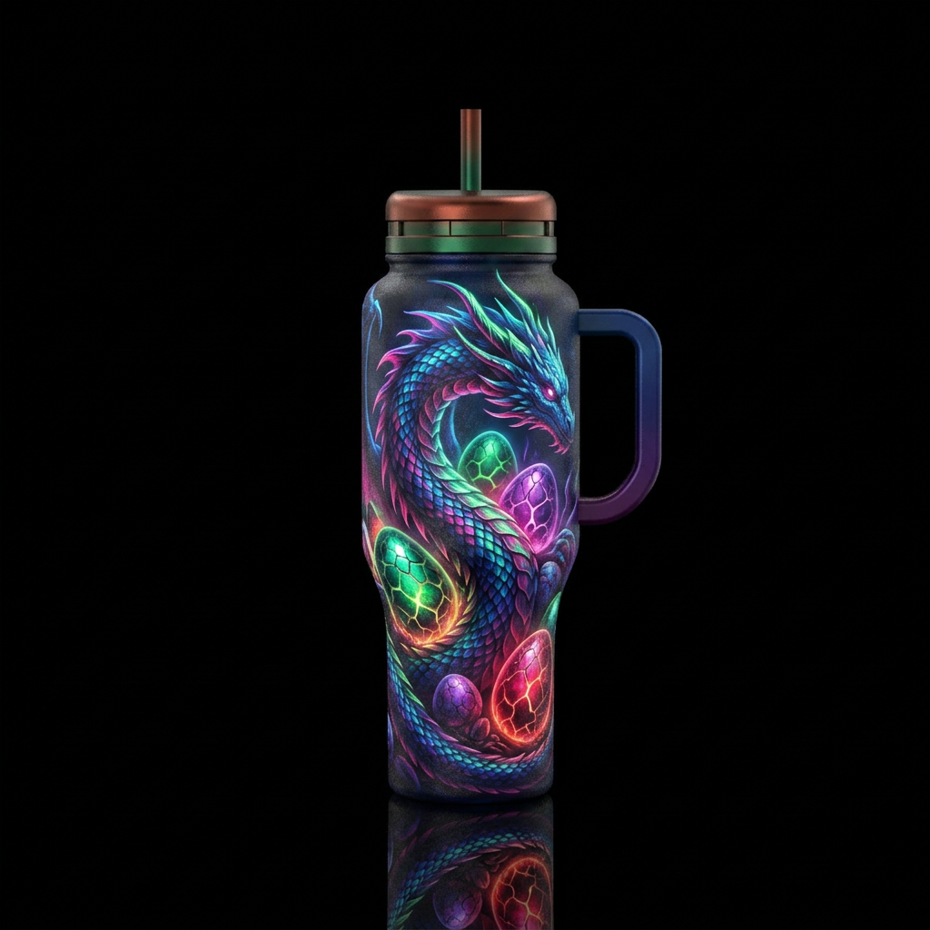Dragon, dragon eggs, glowie, modern water bottle design