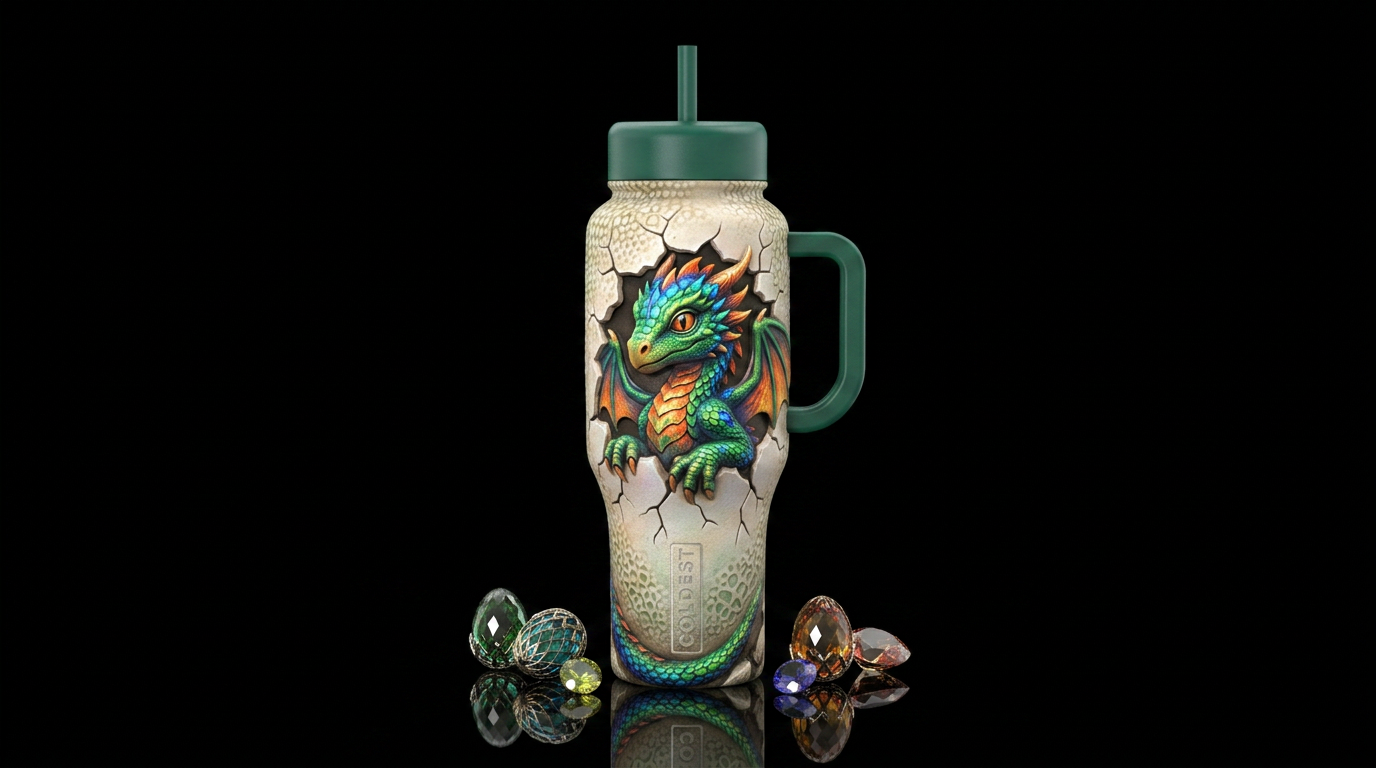 Baby dragon hacking from egg, cracked water bottle design