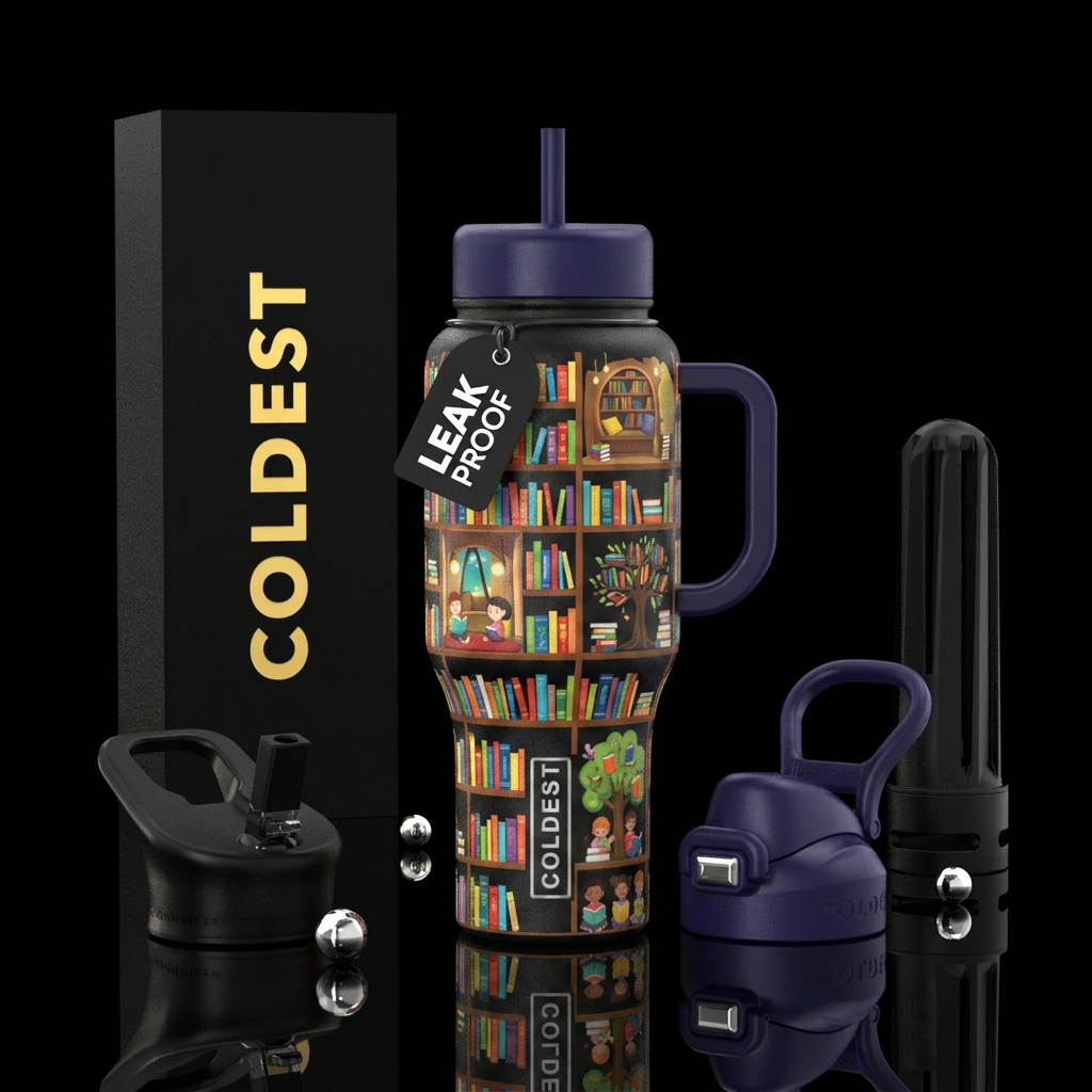 Kids books , reading, library water bottle design