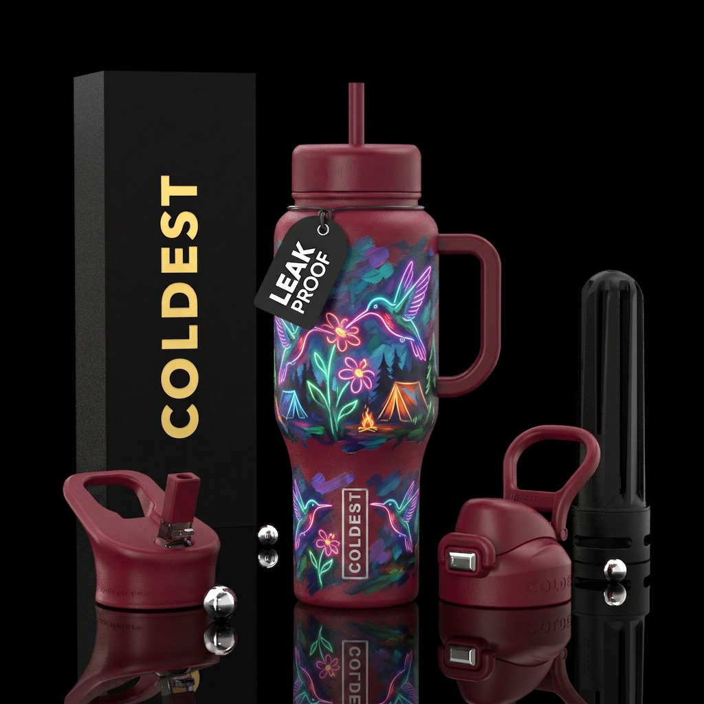camping,, neon lights, impressionist, sensual, rub... water bottle design