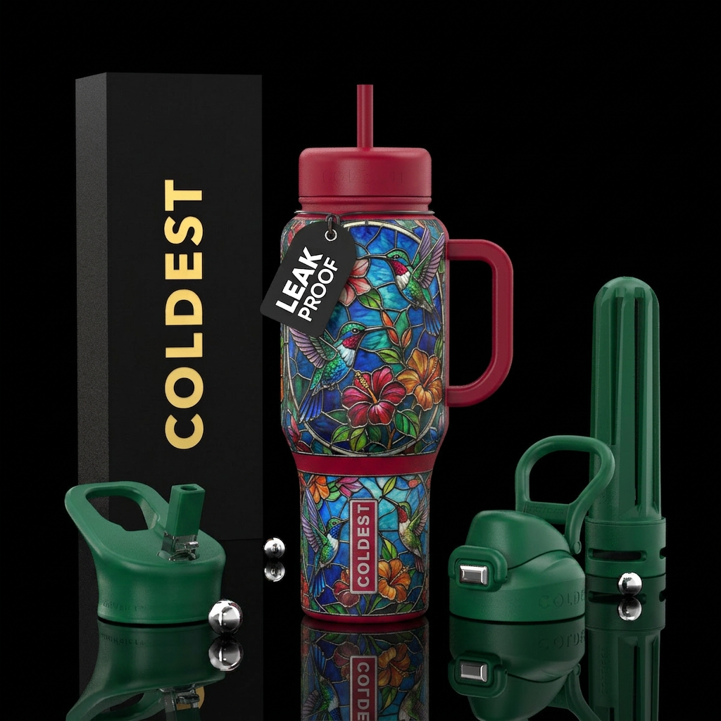 Hummingbird stained glass, vibrant, water bottle design