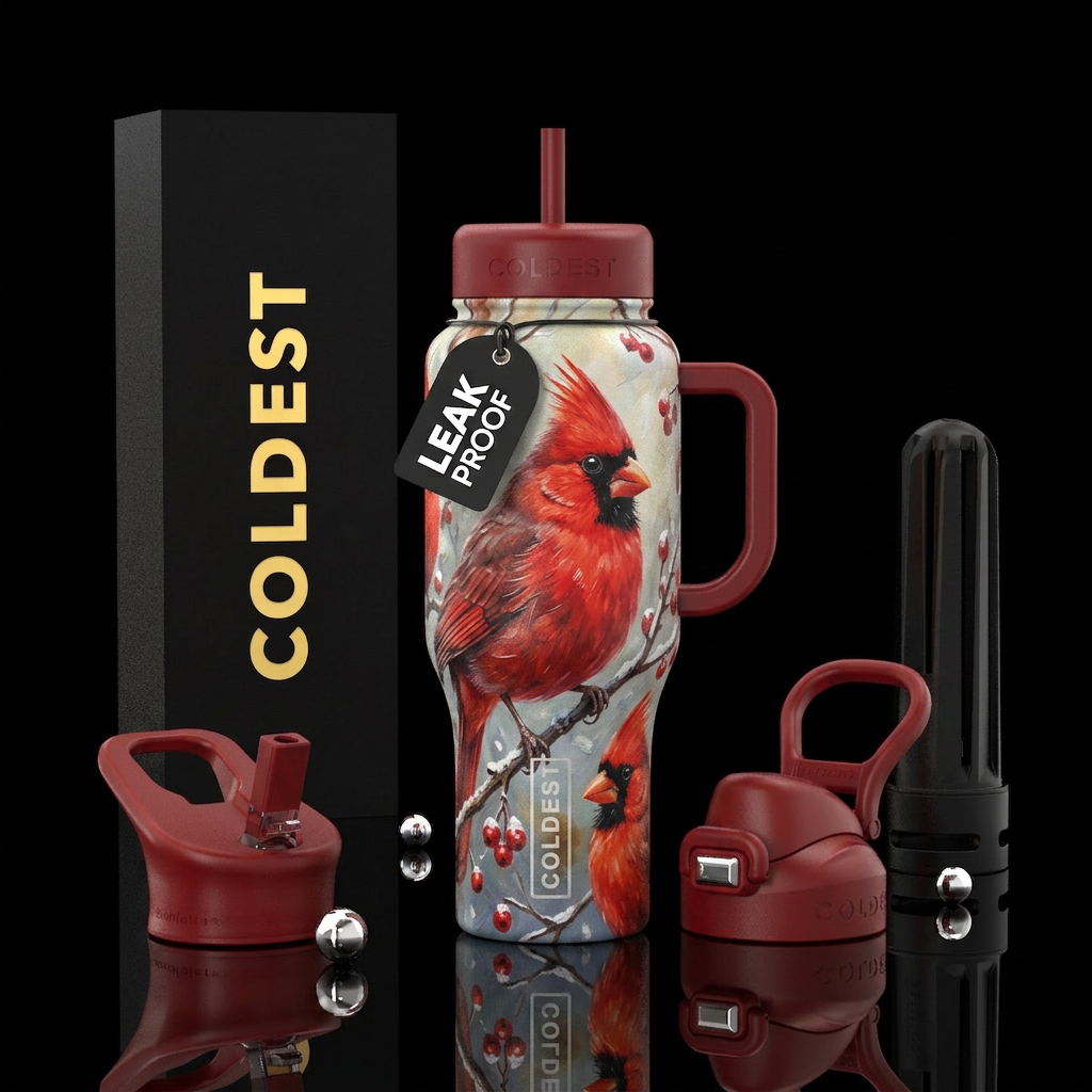 A Cardinal, pretty, vibrant water bottle design