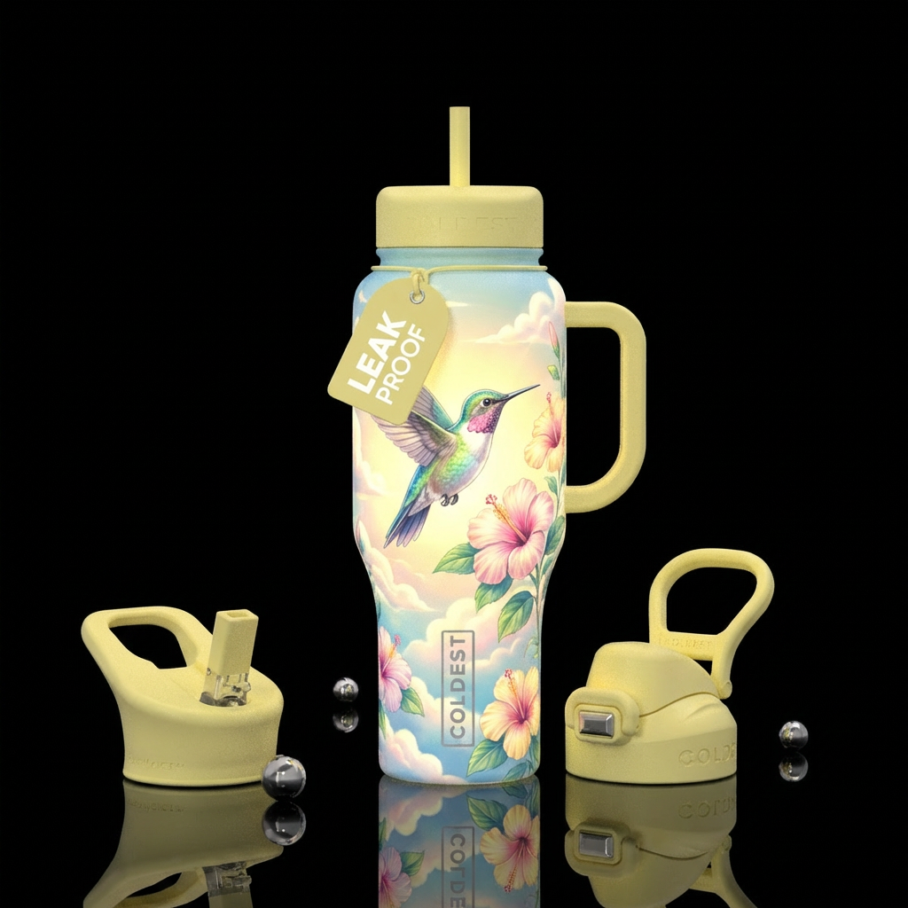 humming bird, hibiscus flower, soft pastel yellow,... water bottle design