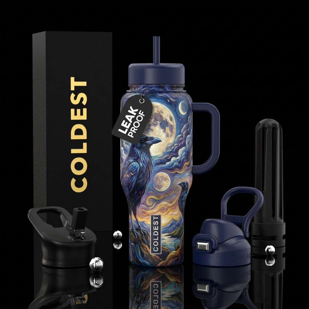 raven,moon, clouds, realist, unisex, hypnotic,, oi... water bottle design