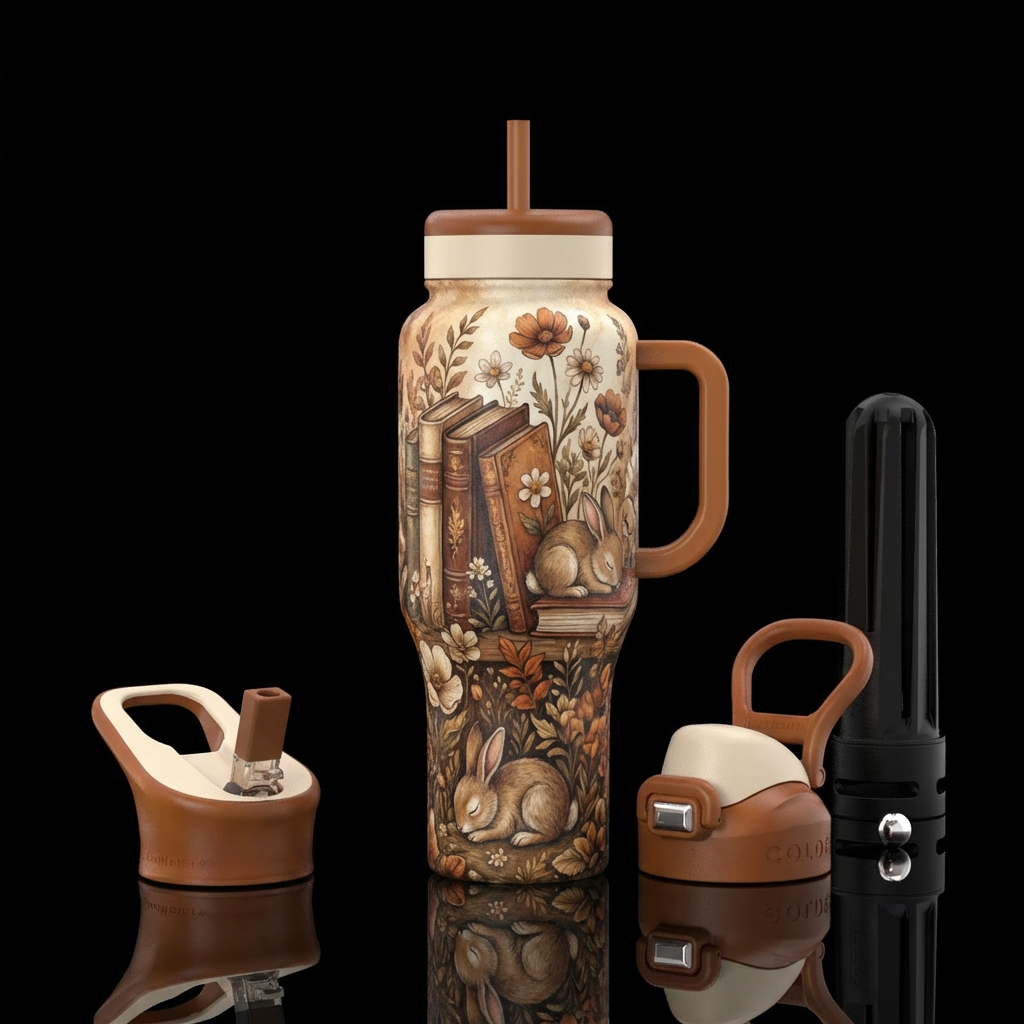 simple, textured, timeless, delicate, books,flower... water bottle design