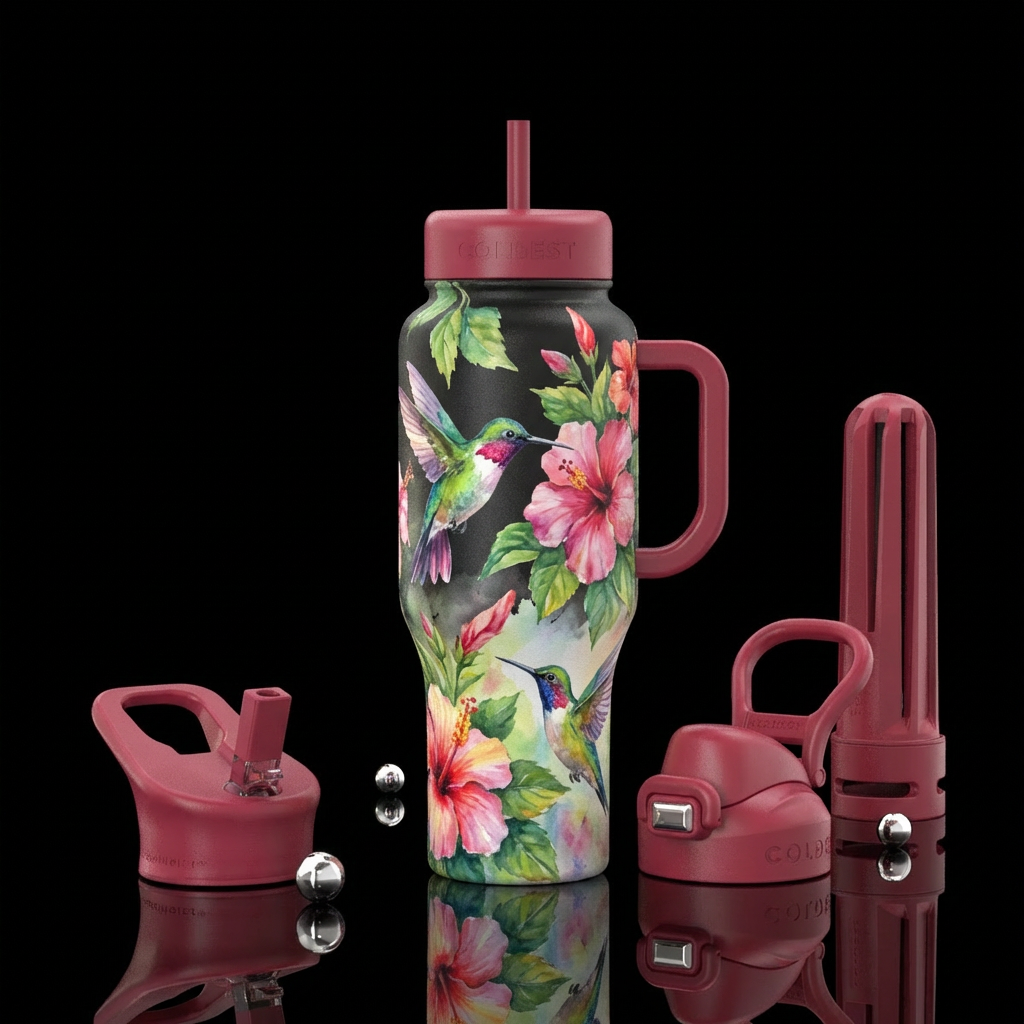 Hummingbird, hibiscus,, watercolor, european, oil ... water bottle design