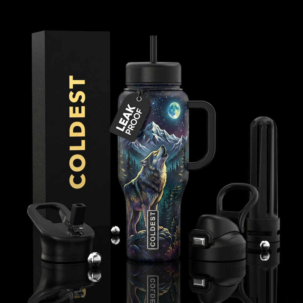wolf,mountain,dark, forest, moon, water bottle design