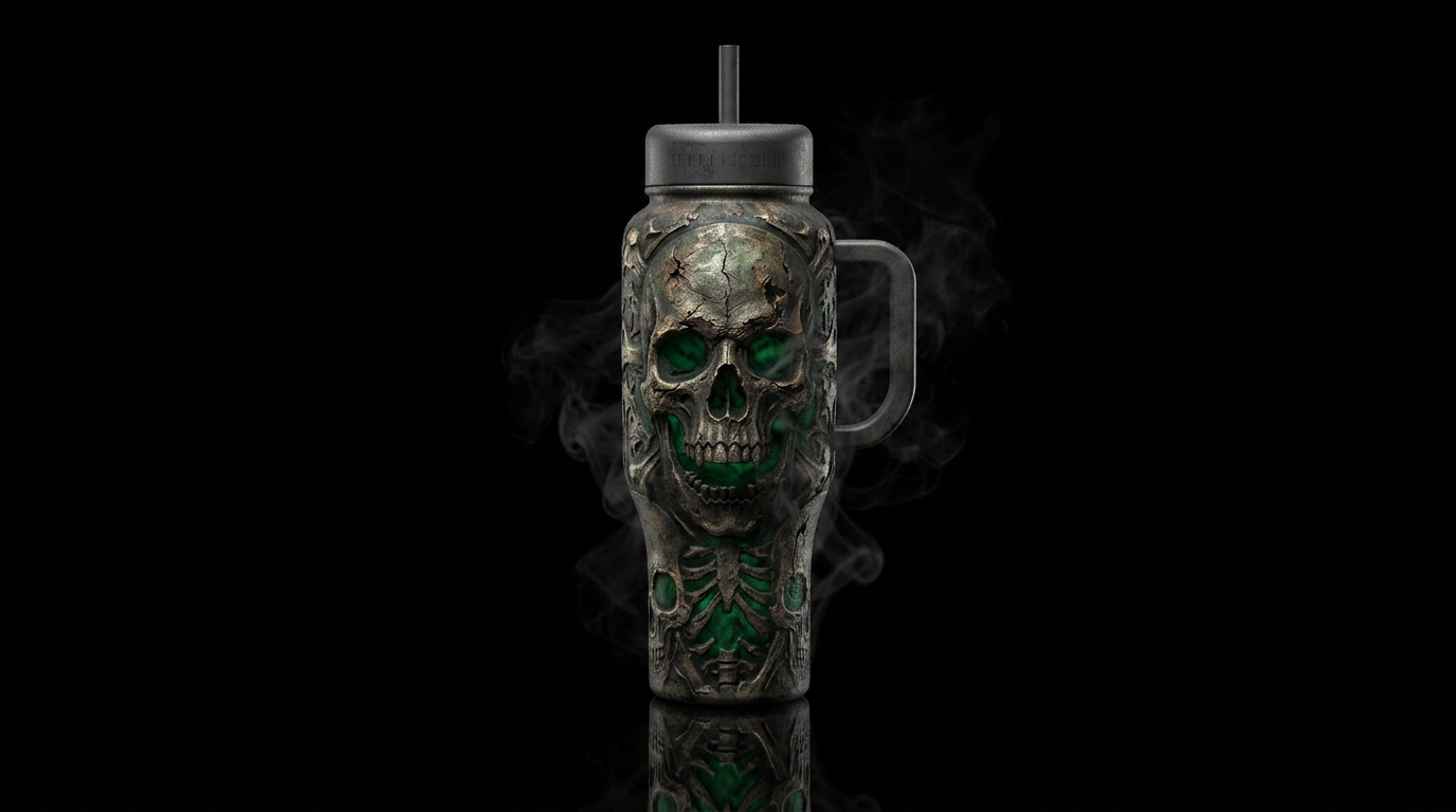 skull,bones,dark and gritty, aged, worn, battle-sc... water bottle design