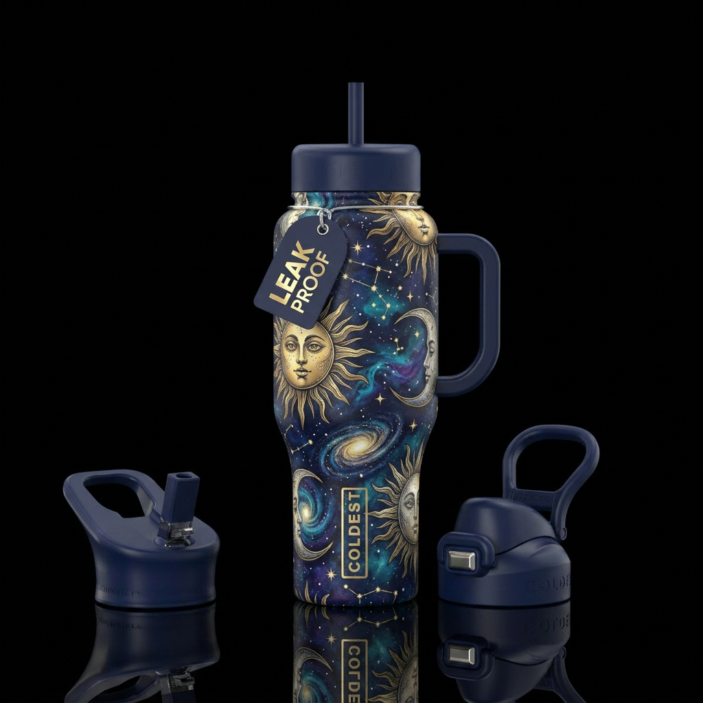 sun and moon faces, stars, galaxies, cosmic swirls... water bottle design