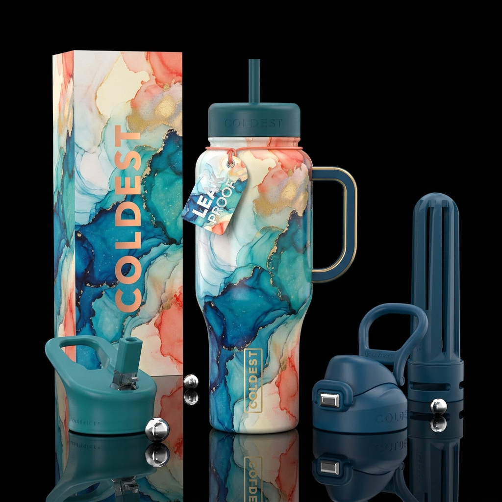 alcohol ink swirl design, deep ocean blue, teal, a... water bottle design