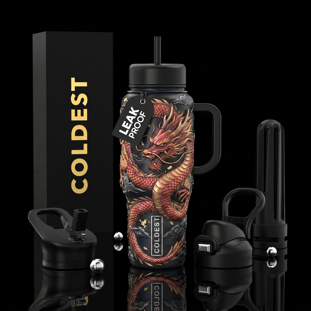 giant japanese dragon wrapping entire bottle botto... water bottle design