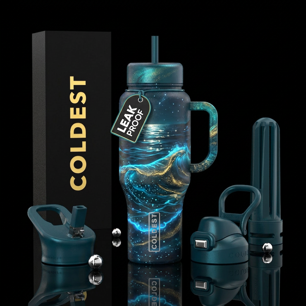 deep midnight teal bottle, nighttime tropical ocea... water bottle design