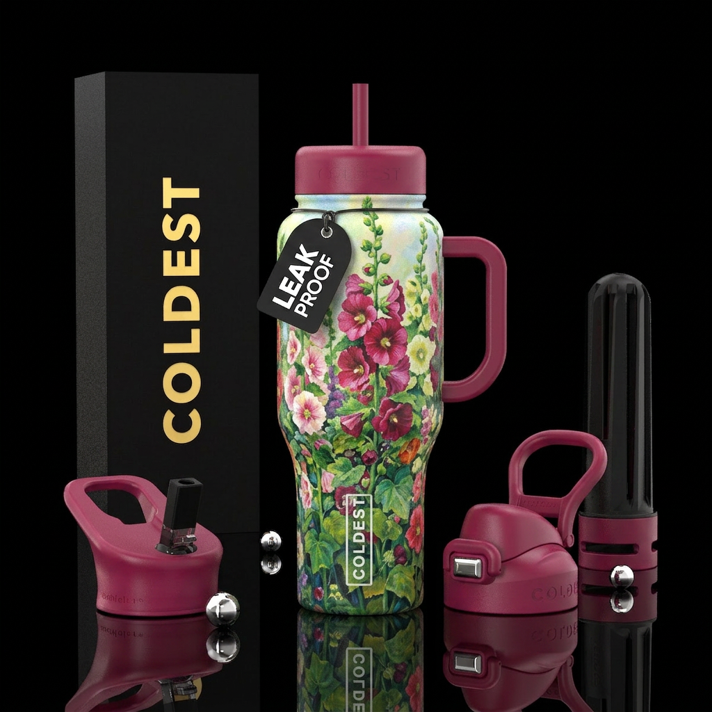“Garden hollyhocks” (2020) Pintura por Oskar Bethe... water bottle design