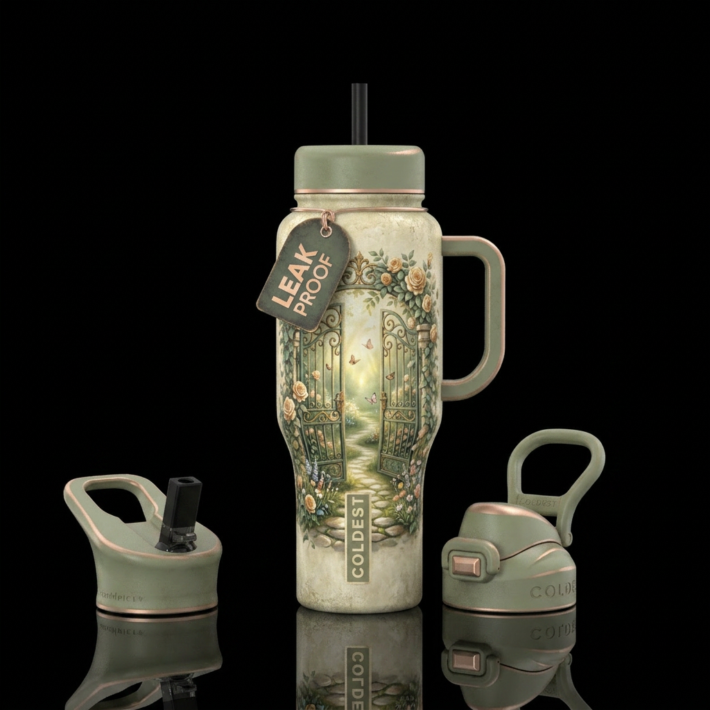 aged ivory insulated bottle,  ornate garden gate s... water bottle design