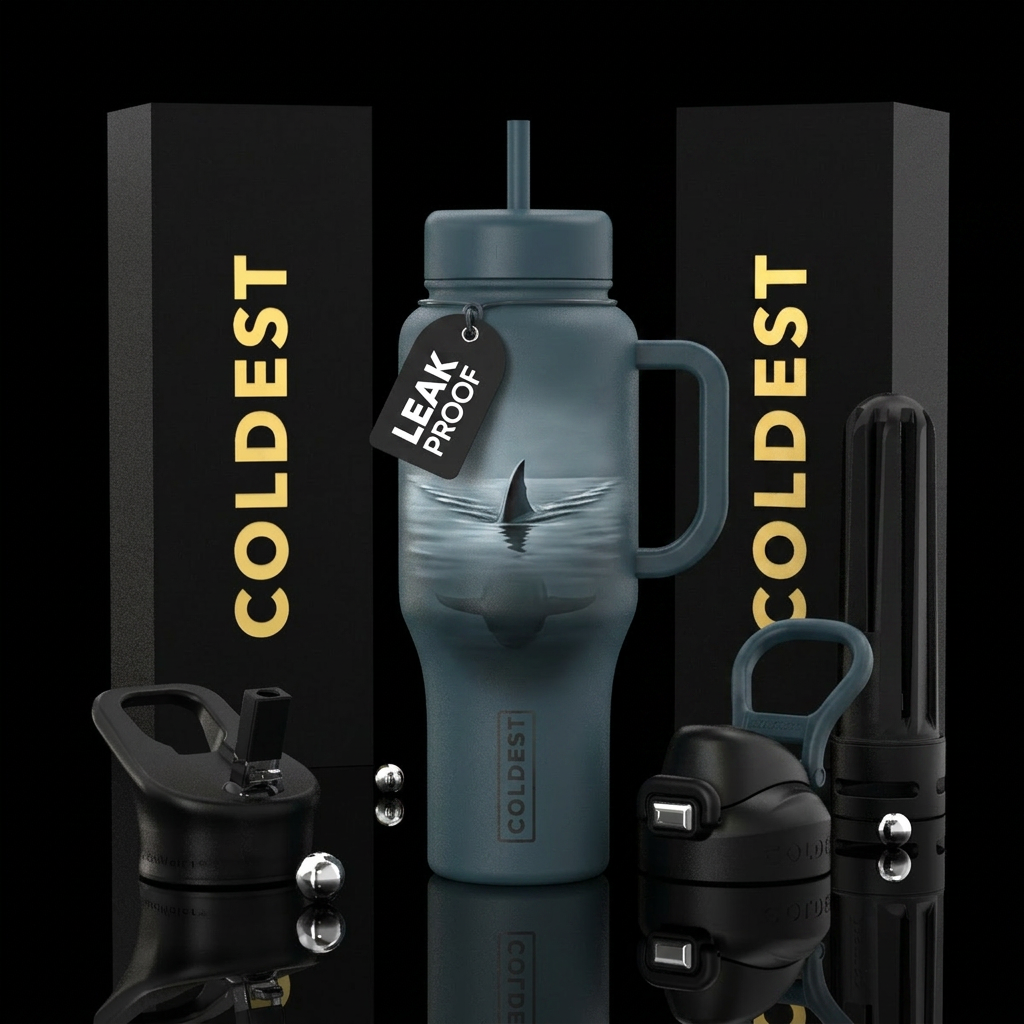 deep ocean grey insulated  bottle, single shark fi... water bottle design